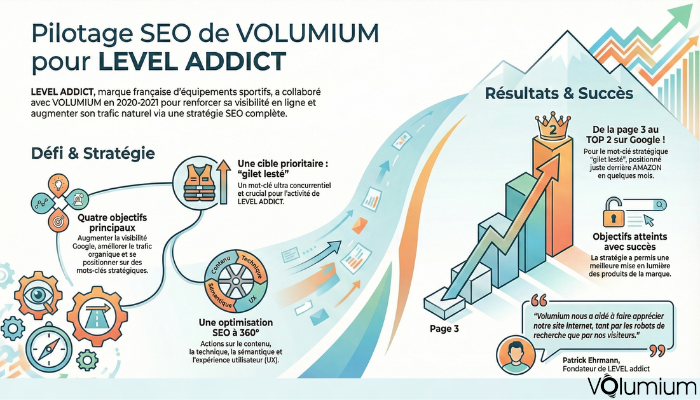 pilotage SEO VOLUMIUM temoignage client LEVEL ADDICT